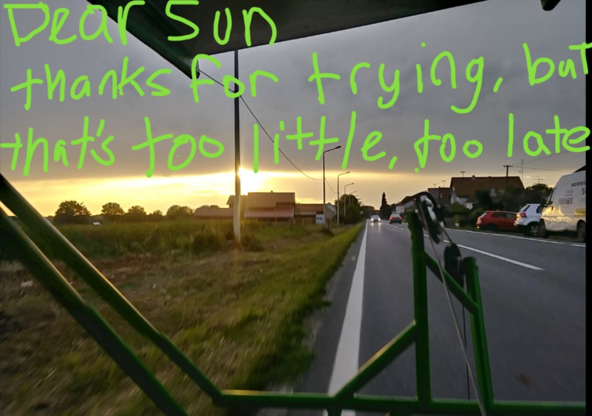 After wishing and praying all day for the sun to come out, when it finally showed up it was so low on the horizon that all we got was a measly 2 watts.