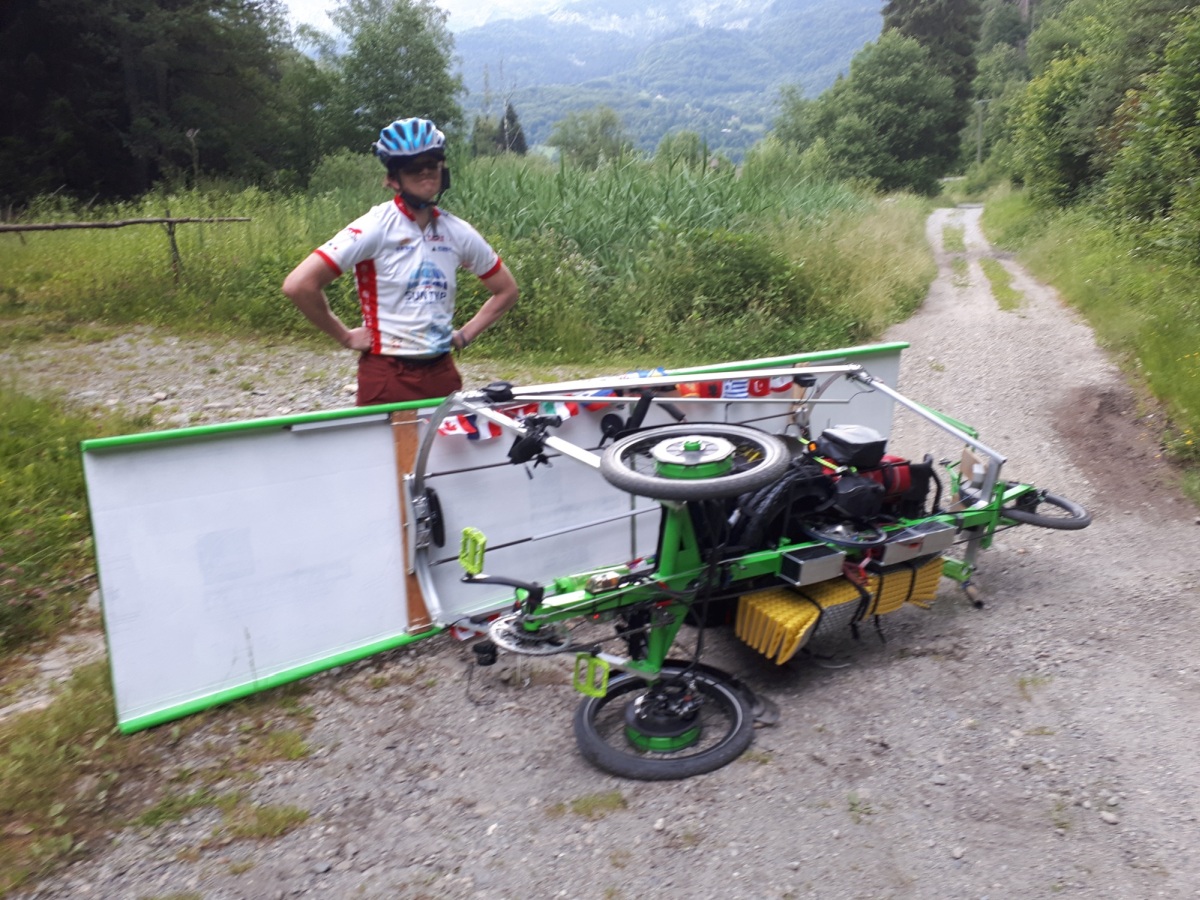 We were following the google maps recommended cycle route which went from a paved road, to a dirt road, to a dirt path, to a full on mountain bike trail (not shown but just a few meters further). The trike hit a diagonal culvert and flipped sideways. Luckily this was at low speed an nothing got damaged.