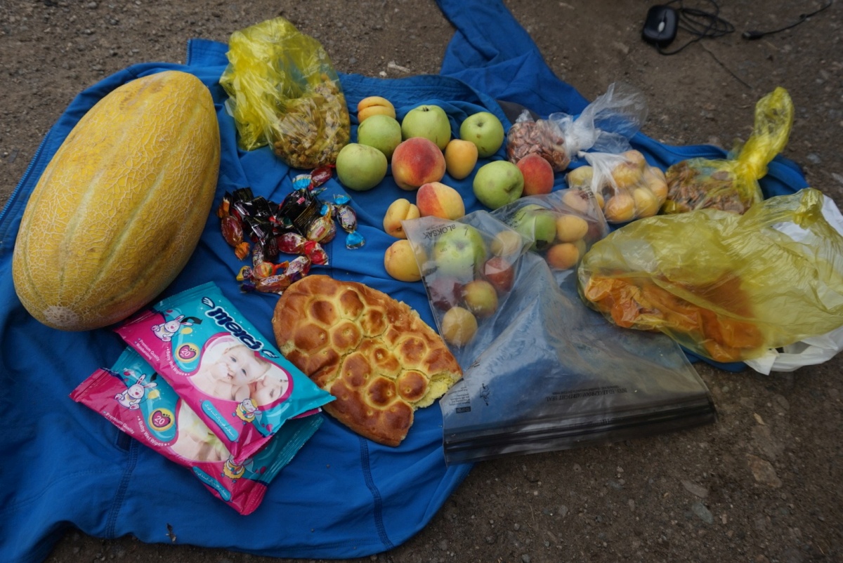 This photo shows just a random sampling of the stuff that was offered to us on one day cycling through Iran. Sometimes we were given more than we could handle or have room for, but the fruits, nuts, and bread you see here made for great snacking.