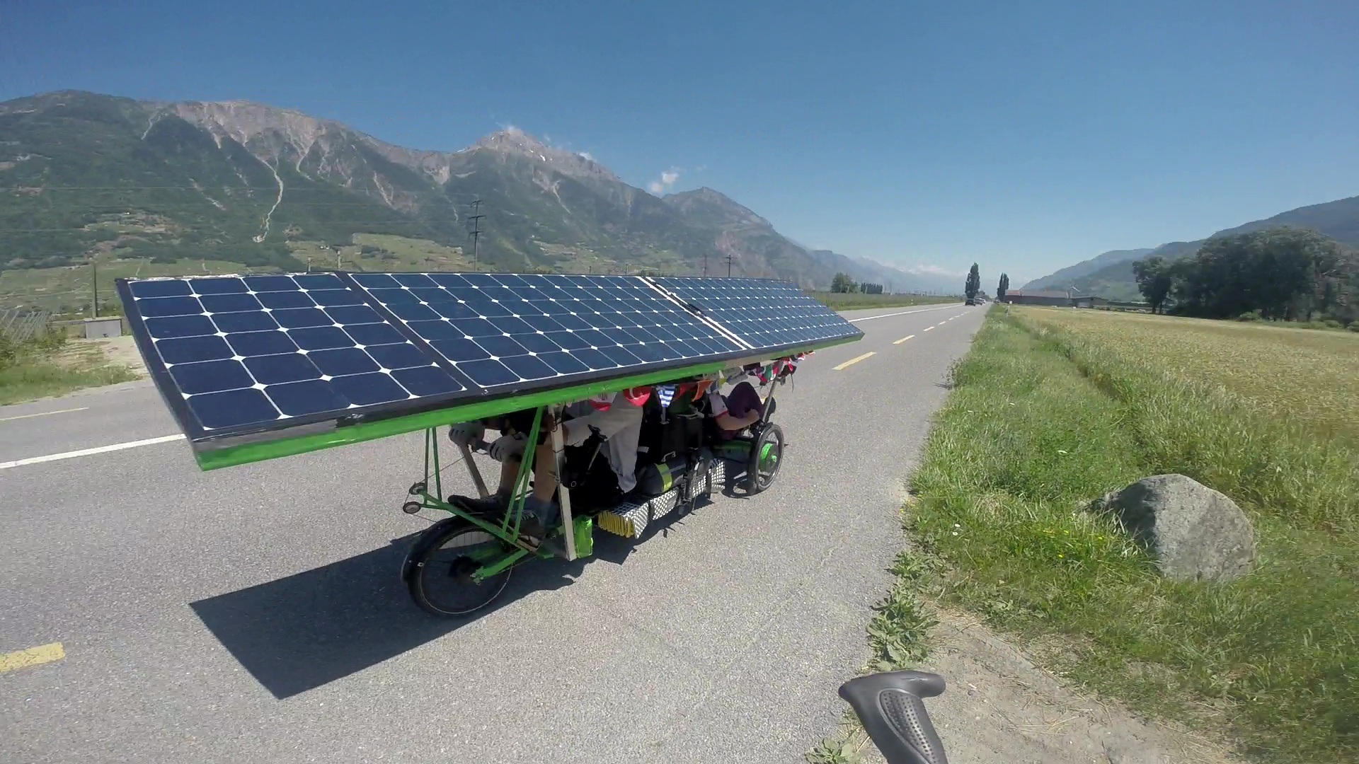 A friend from endless-sphere, Arnaud, met up with us while we were passing through Switzerland. He hopped on the back rowing station of the trike, and I hopped on his high power hub motor full suspension ebike, and we both had a blast for a bit.