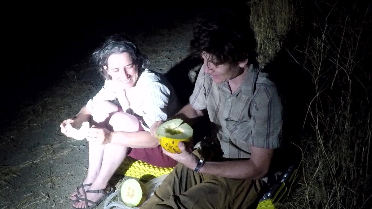 Much more common than peaches were roadside stands selling melons at this time of year, and after lugging one around on the trike it felt nice to sink our teeth in and eat it for an evening treat.