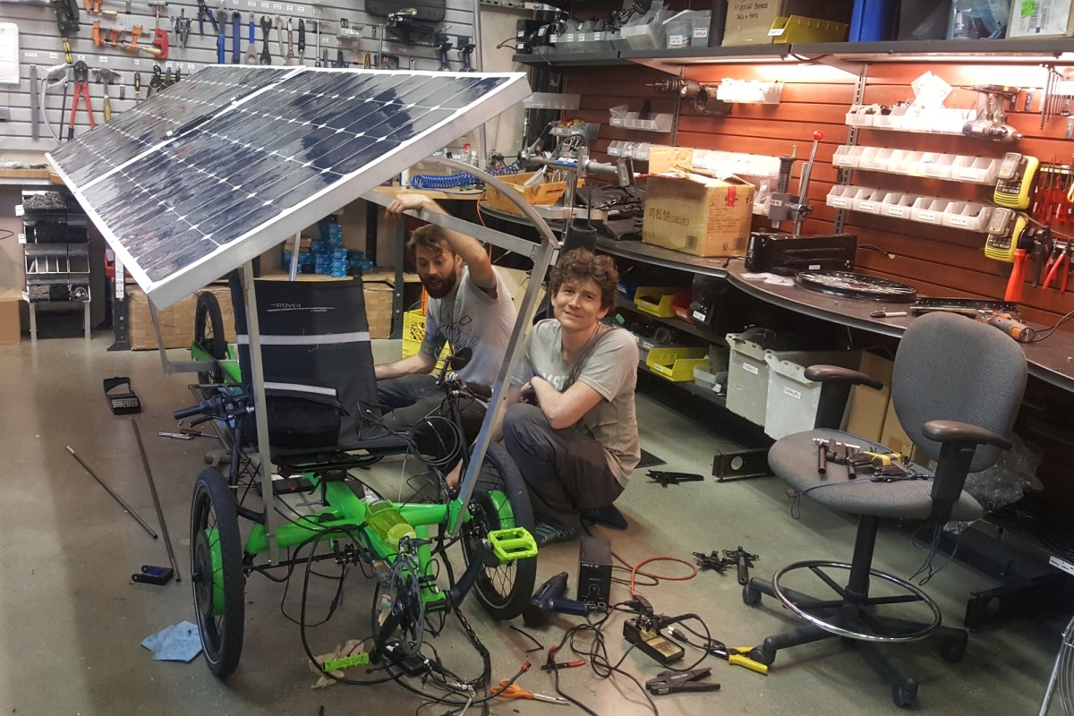At this stage we've pulled an all nighter, dual controllers and hub motors are installed and now there's a significant wiring mess to tidy up