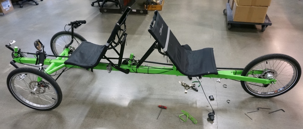 Flipping the back seat to face backwards was easy enough given the simple geometry of the Terratrike frame with a single square tube. The rest of the conversion into a rowing/solar/electric setup, not so easy.