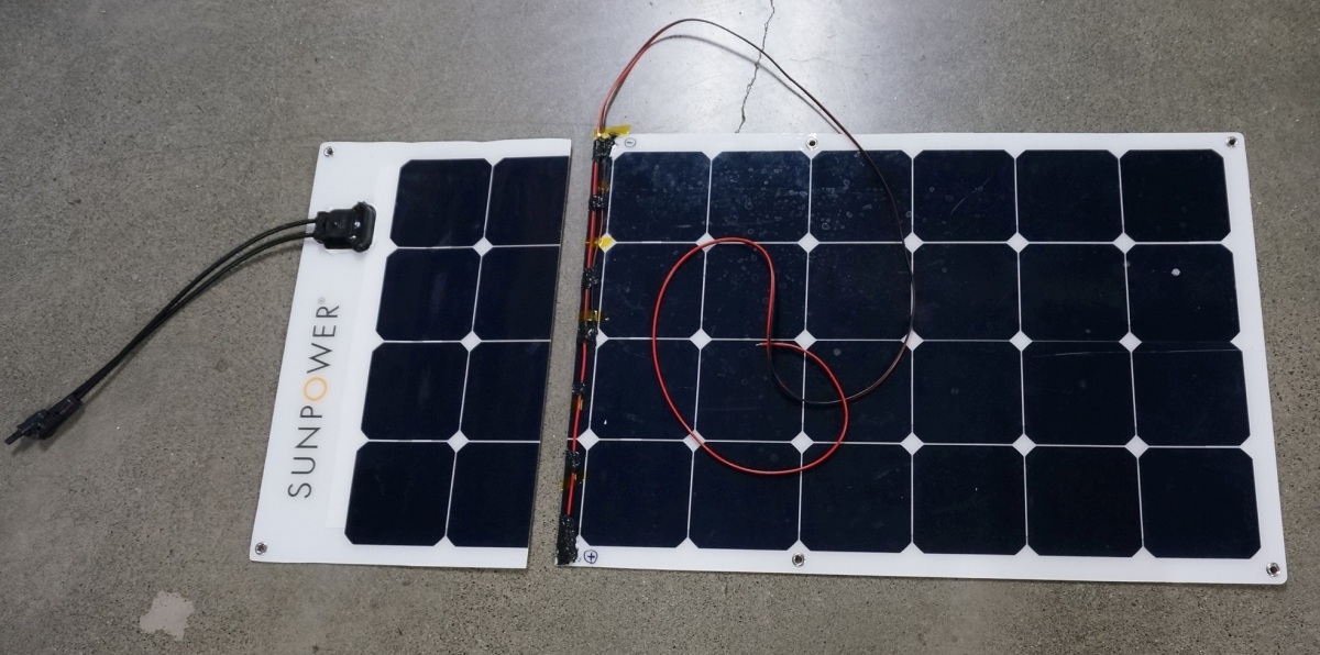 Unable to find an only suppy of solar panels that were 6 cells x 4 cells or 6 x 8, we simply took a standard 100 watt 4x8 cell sheet and chopped it down.